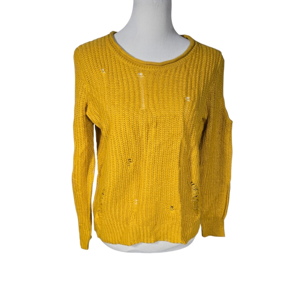 Trendy Threads 1X Mustard Yellow Distressed Knit Open Cold Shoulder Sweater